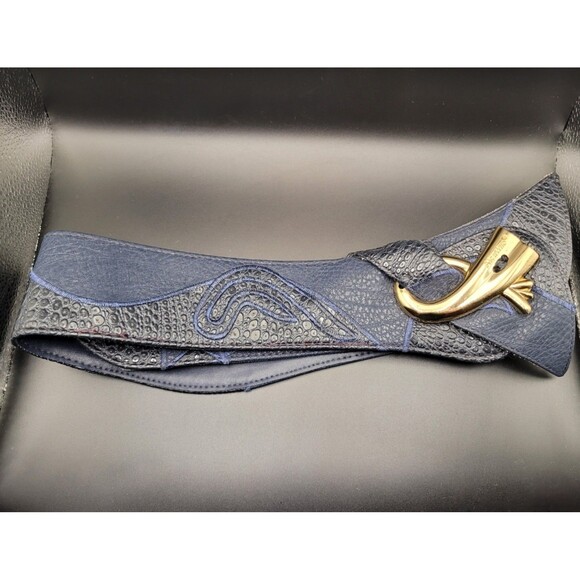 Vintage Accessories - Vintage 1980's Wrap Around Blue with Black Snake Print Gold Belt Buckle Alentino